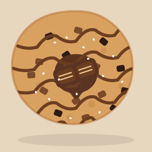 Illustration d’un cookie sur mesure : pépites noir et lait, cœur chocolat-noisette, filets de chocolat au lait, morceau de Bueno, fleur de sel